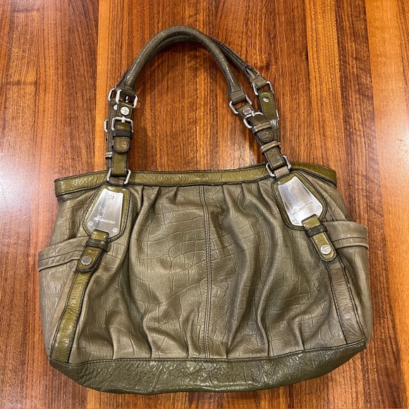 B. MAKOWSKY Leather Purse Shoulder Bag Olive Green Leopard - Picture 2 of 14